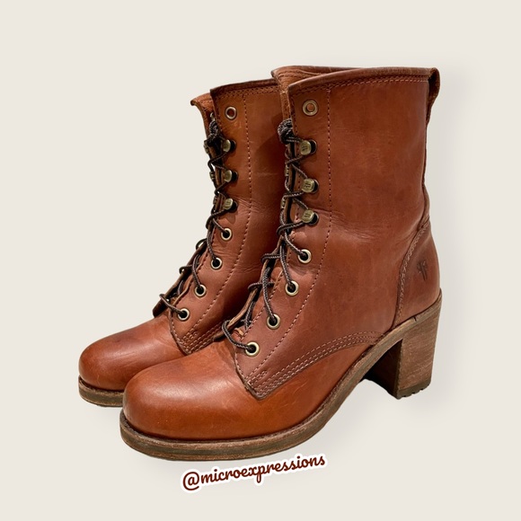 Frye Karen Cognac Leather Combat Lace Up Combat Wood Block Heeled Ankle Booties - Picture 7 of 14